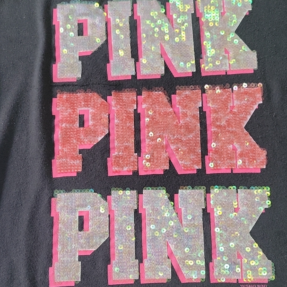 PINK Victoria's Secret Black Tee with Pink Sequin Logo - Picture 3 of 5